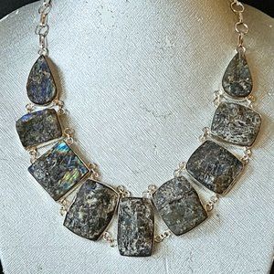 Rough Cut Fire Blue Labradorite Statement Necklace set in .925 Silver